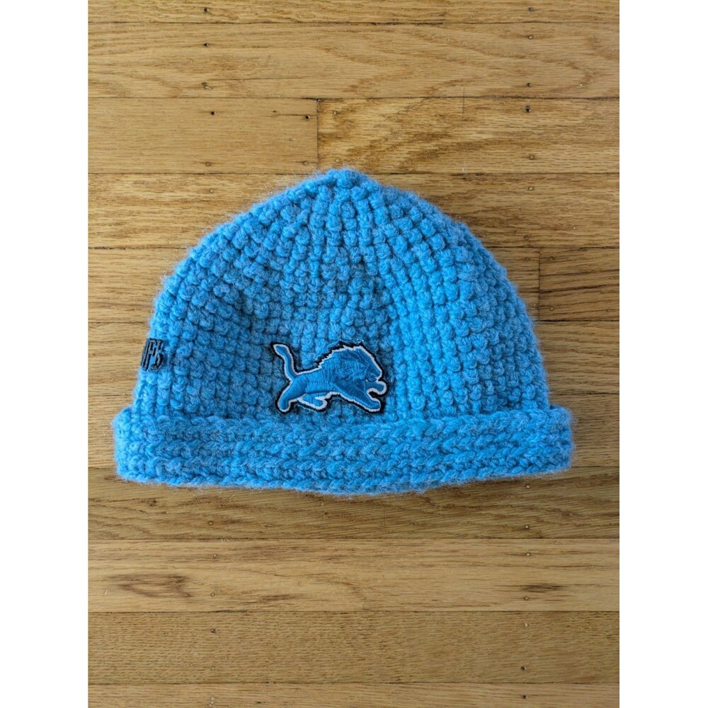 Hand knit crochet Detroit Lions Winter hat, blue beanie, XL, NFL
